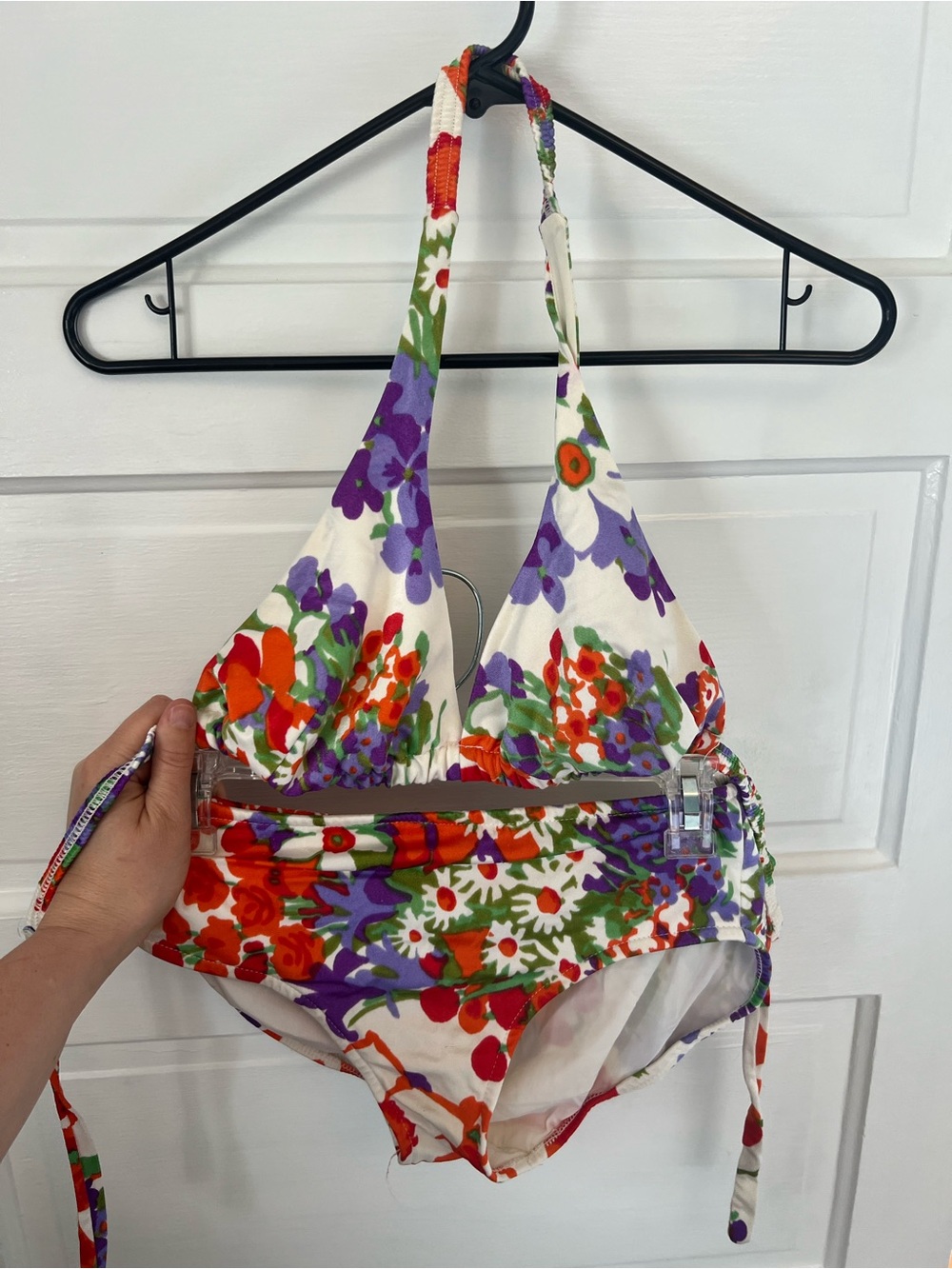 Floral Halter Bikini Set - White with Red & Purple Floral
